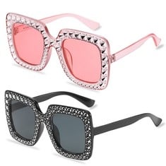 QUANTITY OF ITEMS TO INCLUDE  HEAWAA 2PCS OVERSIZED RHINESTONE SUNGLASSES, UNISEX CRYSTAL SQUARE EYE GLASSES THICK FRAME DIAMONDS SUNGLASSES FOR WOMEN MEN TRAVELING SHOPPING PARTY OUTDOOR ACTIVITIES