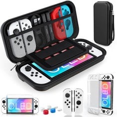 QUANTITY OF ASSORTED ITEMS TO INCLUDE HEYSTOP SWITCH OLED CASE FOR NINTENDO SWITCH OLED CARRY CASE POUCH ACCESSORIES WITH SWITCH OLED CLEAR COVER CASE TEMPERED GLASS SCREEN PROTECTOR AND 6 THUMB GRIP