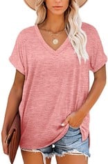 QUANTITY OF ADULT CLOTHES TO INCLUDE NEYOUQE T SHIRTS FOR WOMEN OVERSIZED COMFY V NECK LADIES SUMMER SHORT SLEEVE TOPS CASUAL BLOUSES BASIC SHIRTS PINK XX-LARGE: LOCATION - A RACK