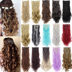 QUANTITY OF ASSORTED ITEMS TO INCLUDE FLORATA 8PCS 18 CLIPS CURLY FULL HEAD CLIP IN HAIR EXTENSIONS ONE PIECE THICK CLIP ON SYNTHETIC HAIR EXTENSION WAVY HAIRPIECES FOR WOMEN FASHION AND BEAUTY- TOTA