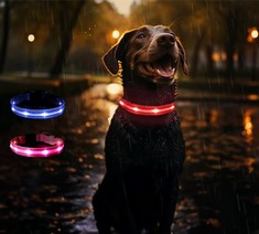 QUANTITY OF ASSORTED ITEMS TO INCLUDE GUESS WHERE DOG COLLAR LED LIGHT, LIGHTS UP, GLOWS IN THE DARK FOR VISIBILITY AND SAFETY AT NIGHT, ADJUSTABLE LENGTH, 3 FLASHING LIGHT SETTING, WATER RESISTANT,
