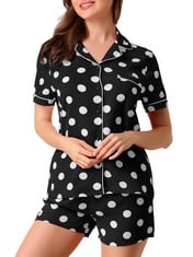 QUANTITY OF ADULT CLOTHING TO INCLUDE ALLEGRA K WOMEN'S SHORT SLEEVE NOTCH COLLAR PIPED BUTTON DOWN SLEEPWEAR POLKA DOTS PAJAMA SETS BLACK 24 UK SIZE MEDIUM : LOCATION - A RACK