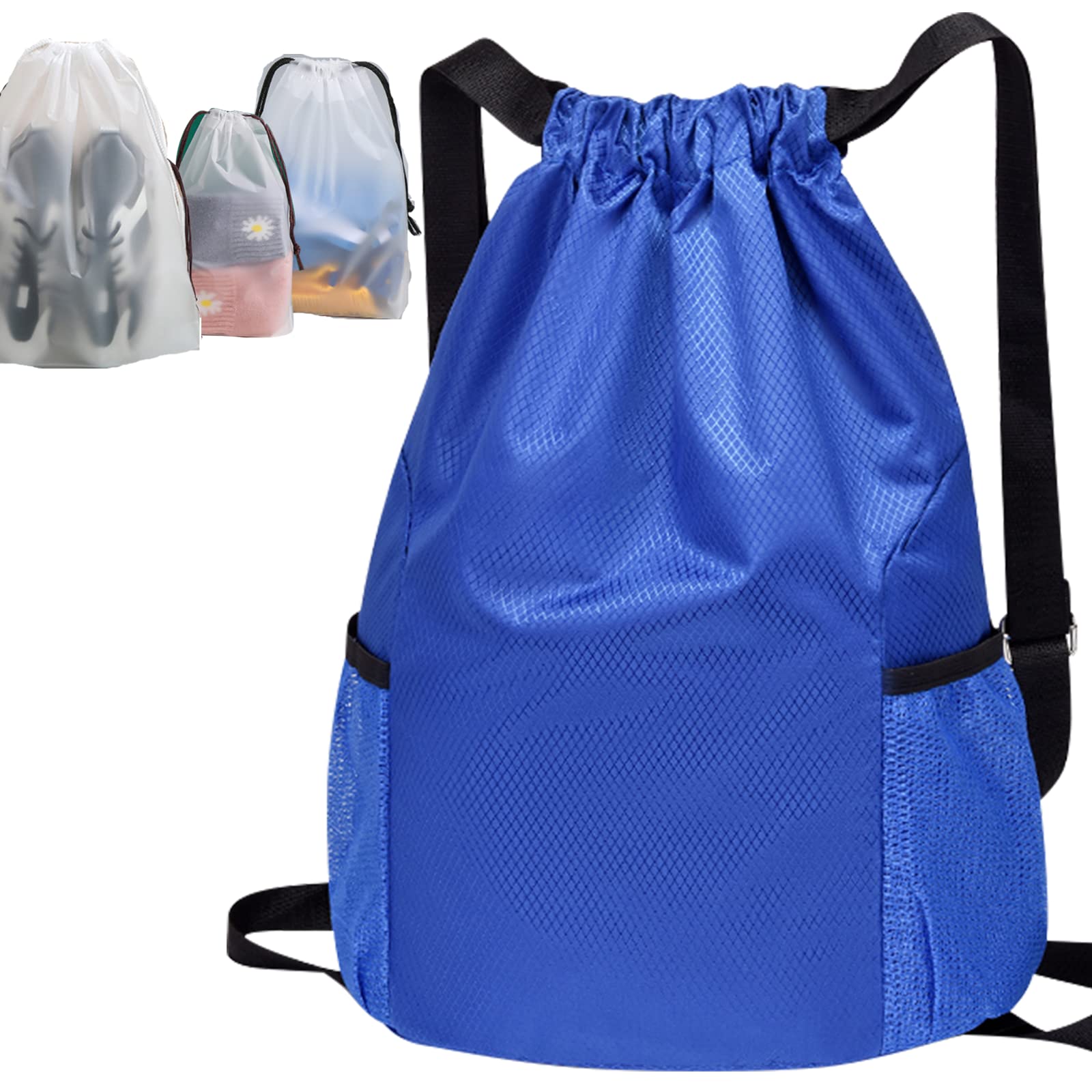 24 X DRAWSTRING BACKPACK,SWIMMING SCHOOL PE KIT BAGS WATER RESISTANT,STRING SPORTS GYM SACK LARGE CAPACITY WITH INSIDE ZIPPER POCKET FOR ADULTS WOMEN MEN KIDS STUDENTS(BLUE,LARGE) - TOTAL RRP £200: L