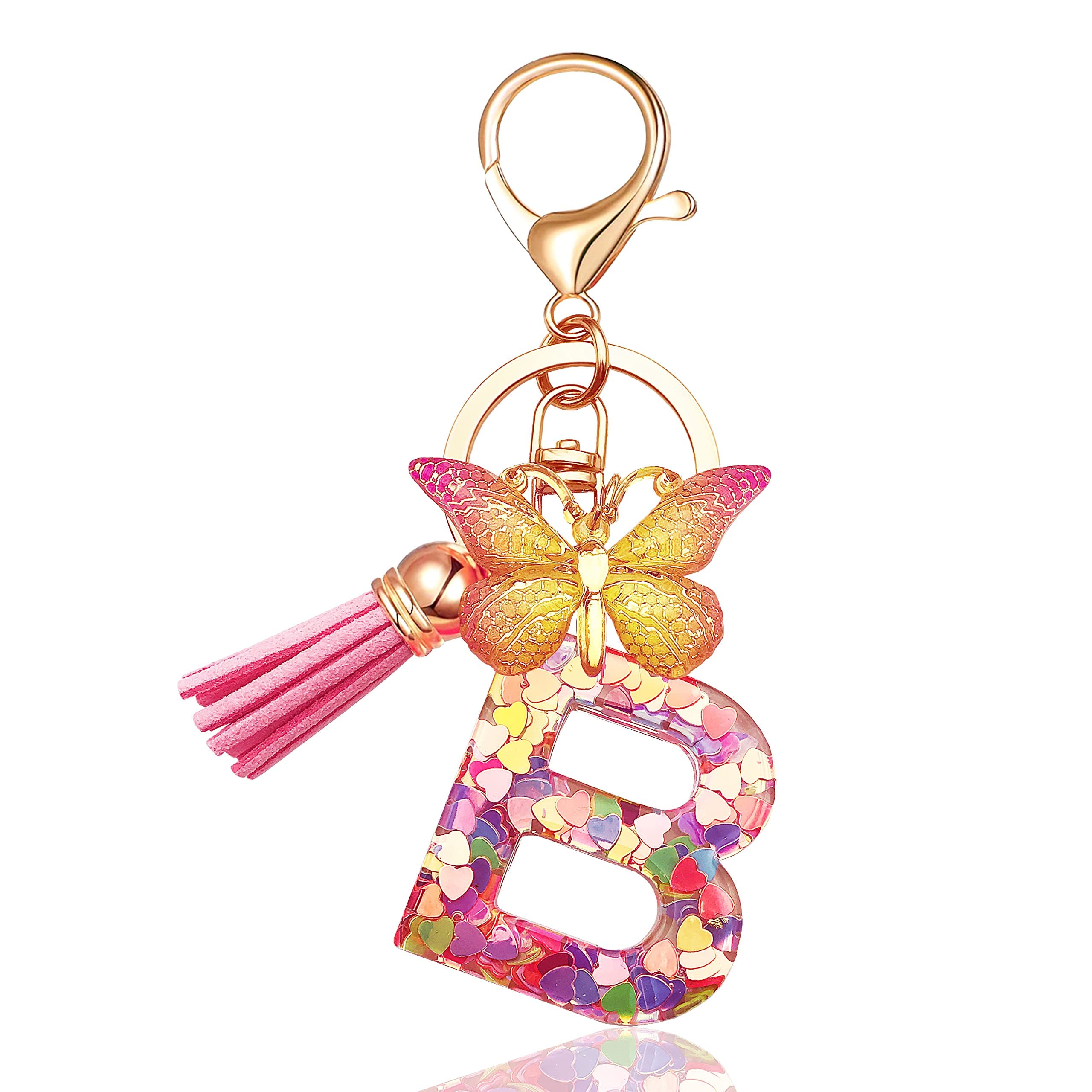 38 X ENIGMADROPS KEYCHAINS IN THE SHAPE OF INITIAL LETTERS FOR WOMEN TASSEL BUTTERFLY PINK PURPLE CUTE CAR KEYRING FOR WALLET PURSES BACKPACK - TOTAL RRP £190: LOCATION - D RACK