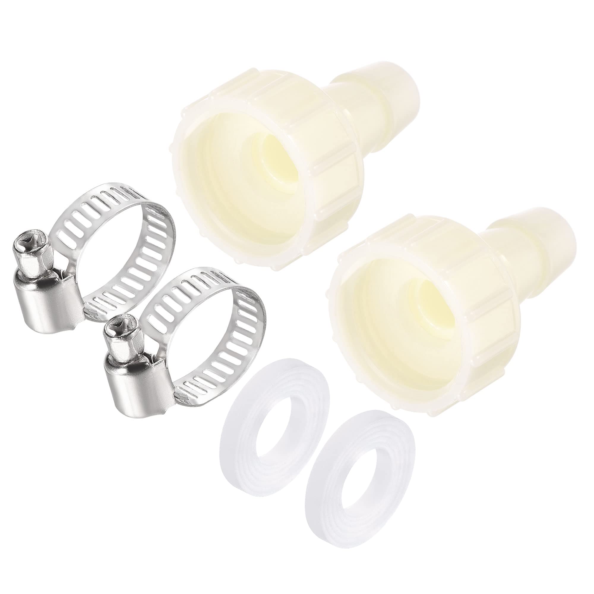 QTY OF ASSORTED ITEMS TO INCLUDE SOURCING MAP ABS HOSE BARB FITTING, 10MM BARB X G1/2 FEMALE THREAD PIPE CONNECTOR COUPLER ADAPTER WITH 9-16MM HOSE CLAMP AND WASHER, WHITE 2 SET: LOCATION - E RACK