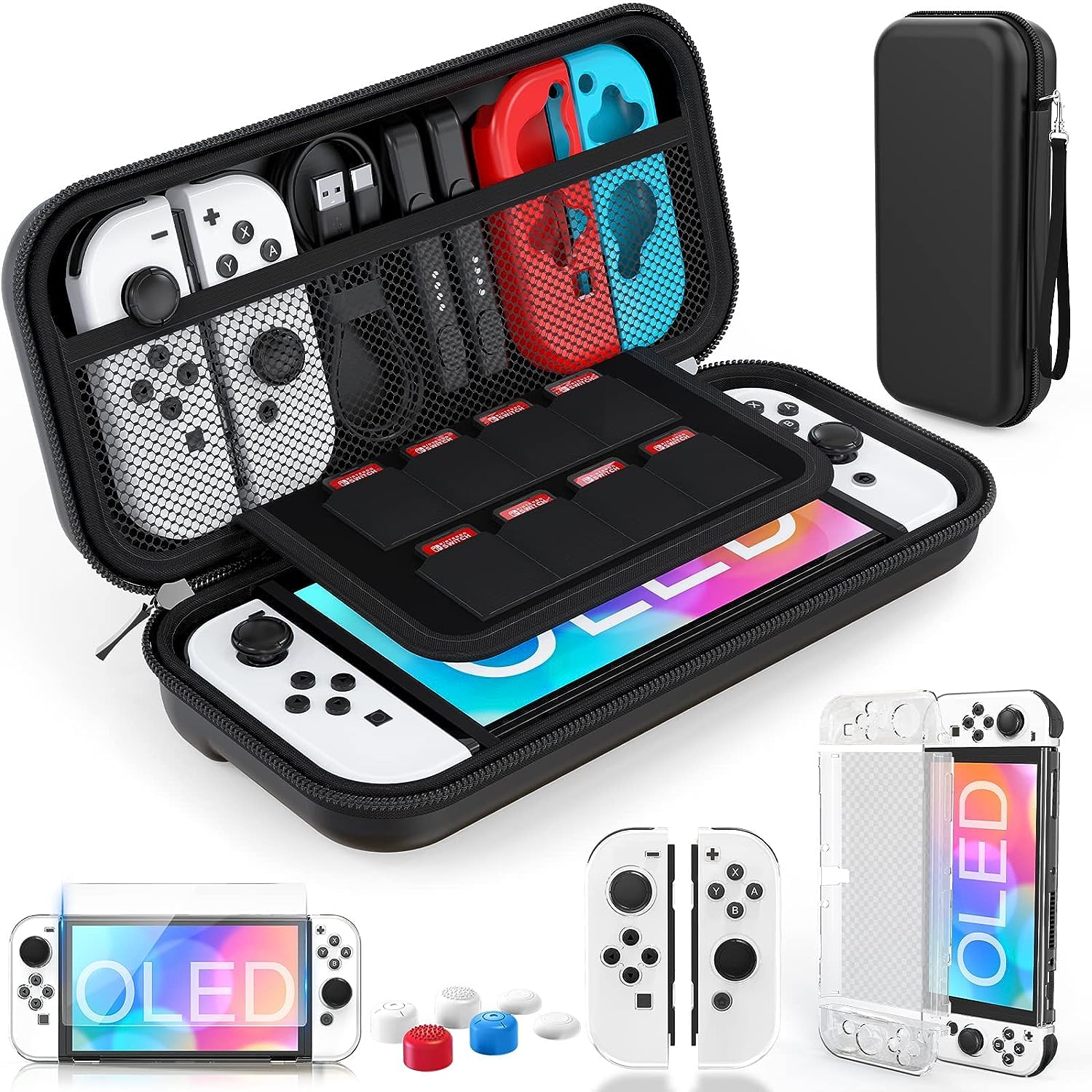 16 X HEYSTOP SWITCH OLED CASE FOR NINTENDO SWITCH OLED CARRY CASE POUCH ACCESSORIES WITH SWITCH OLED CLEAR COVER CASE TEMPERD GLASS SCREEN PROTECTOR AND 6 THUMB GRIPS CAPS FOR NINTENDO SWITCH OLED MO
