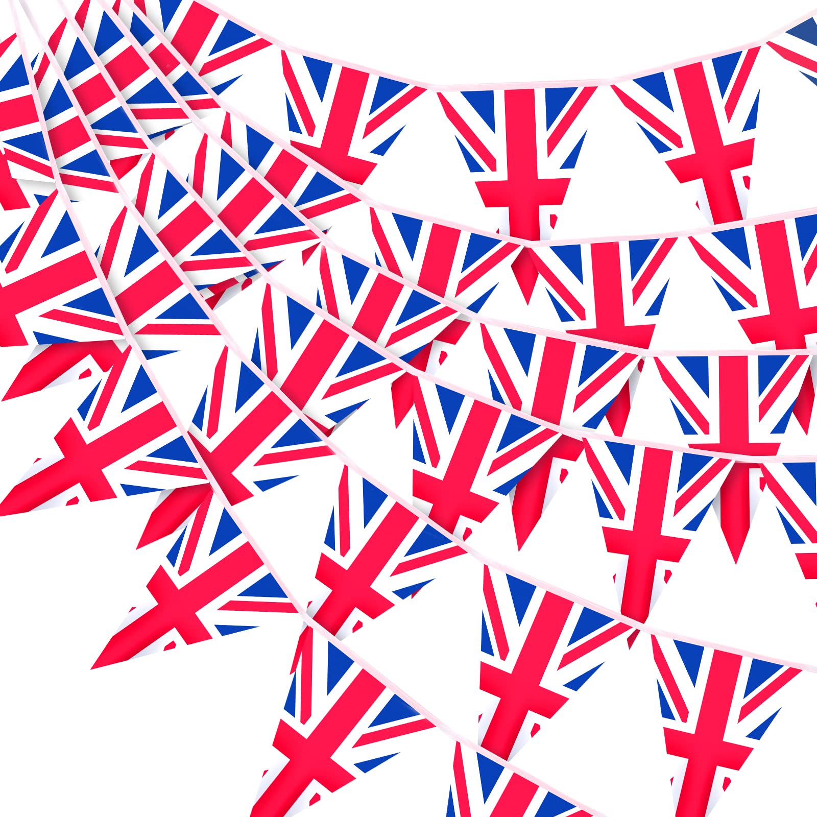 30 X G2PLUS 10M UNION JACK FLAG BUNTING, 30 PCS BRITISH BUNTING BANNER, REUSABLE UK GARDEN BUNTING, 20X28CM FOR QUEEN'S BIRTHDAY CELEBRATING DECORATION - TOTAL RRP £215: LOCATION - A RACK