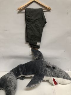 BOX OF ASSORTED CLOTHING TO INCLUDE A LARGE SHARK TOY