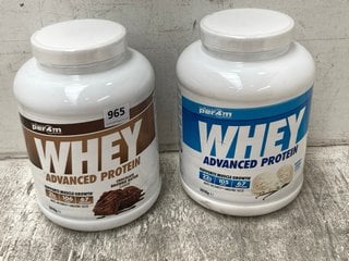 2 X PER4M WHEY ADVANCED PROTEIN POWDERS IN CHOCOLATE BROWNIE BATTER FLAVOUR BBE: FEBRUARY 2026 TO INCLUDE VANILLA CREME FLAVOUR BBE: MARCH 2026: LOCATION - E 1