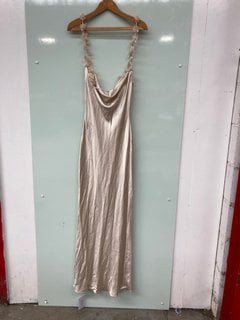 CHAMPAGNE SATIN FLOWER MAXI DRESS IN BEIGE - UK SIZE: 4 - RRP: £252: LOCATION - E 2