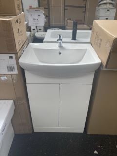 FLOOR STANDING 2 DOOR SEMI RECESSED SINK UNIT IN WHITE WITH A 550 X 430MM 1TH CERAMIC BASIN COMPLETE WITH A MONO BASIN MIXER TAP & CHROME SPRUNG WASTE - RRP £705: LOCATION - A3