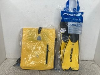 ROTHAR BICYCLE BAG IN YELLOW TO INCLUDE CRESSI RONDELLA FLIPPERS IN YELLOW - UK 4/5: LOCATION - WA4