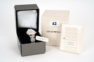 EMPORIO ARMANI T-BAR TWO-TONE WOMENS WRISTWATCH - MODEL AR2076 - RRP £250: LOCATION - BOOTH