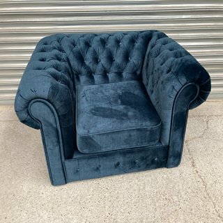 LAURA CHESTERFIELD FABRIC ARMCHAIR IN DARK BLUE/GREEN - RRP £1199: LOCATION - B0