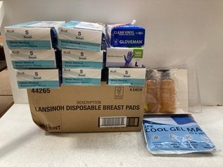 QTY OF ASSORTED ITEMS TO INCLUDE LANSINOH DISPOSABLE BREAST PADS , GLOVEMAN POWDER FREE GLOVES: LOCATION - A5