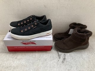 2 X ASSORTED WOMENS SHOES TO INCLUDE SKECHERS FUR LINED SUEDE ANKLE BOOTS IN BROWN SIZE: 5: LOCATION - A11