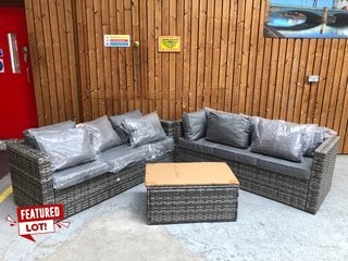 2 X 3 SEATER OUTDOOR RATTAN GARDEN SOFA SET WITH CUSHIONS TO INCLUDE MATCHING COFFEE TABLE IN GREY WEAVE: LOCATION - B2