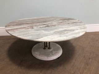 (COLLECTION ONLY) FLEET COFFEE TABLE IN FANTASY BROWN MARBLE TOP, WHITE MARBLE BASE & BRASS LEGS - RRP £595: LOCATION - D1