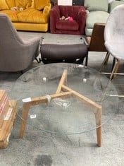 BLAIR GLASS ROUND COFFEE TABLE WITH OAK LEGS