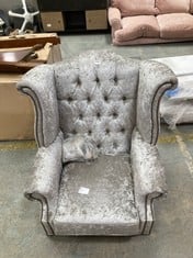 QUEEN ANNE WINGBACK SILVER CRUSHED ARMCHAIR