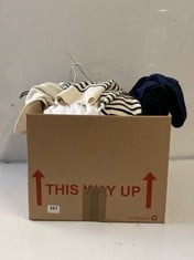 BOX OF ASSORTED ADULTS CLOTHING TO INCLUDE JOHN LEWIS STRIPE COLLAR KNIT JUMPER - WHITE SIZE UK 18