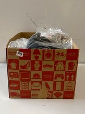 BOX OF ASSORTED CLOTHING TO INCLUDE JOHN LEWIS LINEN TAPERED NAVY TROUSERS IN SIZE 10