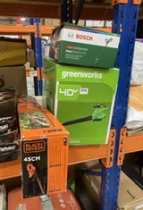 3 X ASSORTED ITEMS TO INCLUDE GREENWORKS 40V BATTERY POWERED BLOWER/VACUUM