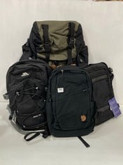 4 X TRAVEL BACKPACKS TO INCLUDE FJALL RAVEN BLACK BACKPACK (RAVEN 20) - RRP £100