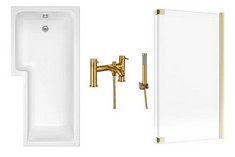 L SHAPED BATH WITH BRUSHED BRASS L SHAPED SCREEN AND OTTONE BATH SHOWER MIXER - TOTAL LOT RRP £1103 (KERBSIDE PALLET DELIVERY)