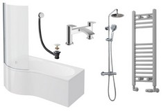 LEFT HAND 1500MM P BATH, PANEL AND SCREEN WITH BELINI CHROME BATH FILLER, CHROME SHOWER, MATT GREY RADIATOR AND BATH WASTE - TOTAL LOT RRP £1220 (KERBSIDE PALLET DELIVERY)