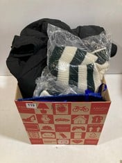 BOX OF ASSORTED ADULTS CLOTHING TO INCLUDE JDY WIDE SLEEVE STRIPE KNIT JUMPER - WHITE/GREEN SIZE L