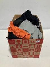 BOX OF ASSORTED ADULTS CLOTHING TO INCLUDE ASOS MEN'S SPORTS SHORT IN BLACK SIZE M