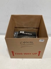 BOX OF ASSORTED CYCLING ITEMS TO INCLUDE LIFELINE CYCLE ROAD CLEATS - RED/GREY