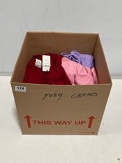 BOX OF ASSORTED YOZY CLOTHES TO INCLUDE YOZY WOMEN'S SLEEVELESS BODYSUIT TOP - LAVENDER - SIZE XXL