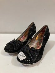IRREGULAR CHOICE HIGH HEELS IN BLACK WITH FLORAL SOLE AND SPARKLE BOW AND SEQUIN DETAIL SIZE UK 4.5
