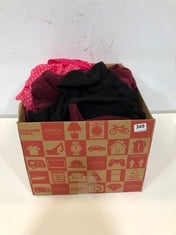 BOX OF ASSORTED ADULT CLOTHING ITEMS TO INCLUDE THIGH LENGTH SKIRT WITH LACE TIE TRIM IN PINK VELVET SIZE M