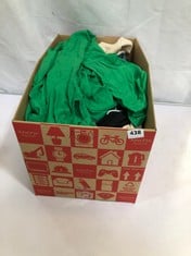 BOX OF ASSORTED ADULT CLOTHING ITEMS TO INCLUDE YESS MISS DENIM JEANS IN BLUE SIZE XS