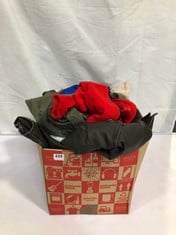 BOX OF ASSORTED ADULT CLOTHING ITEMS TO INCLUDE GREEN WAXED JACKET SIZE UK36