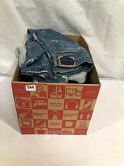 BOX OF ASSORTED ADULT CLOTHING TO INCLUDE RALPH LAUREN SLIM BOYFRIEND JEANS SIZE 30 WAIST