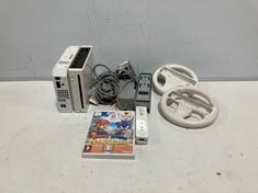 2 X WII BASE UNITS, 2 X STEERING WHEELS, TWO MARIO GAMES AND CABLES