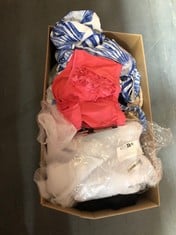 BOX OF ASSORTED CLOTHING TO INCLUDE SUMMER DRESS AND UNDERWEAR
