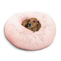 QTY OF ITEMS TO INLCUDE BOX OF ASSORTED PET ITEMS TO INCLUDE BEST FRIENDS BY SHERI THE ORIGINAL CALMING DONUT CAT AND DOG BED IN SHAG FUR COTTON CANDY PINK, SMALL 23X23, SIMPLE SOLUTION TRUE FIT DISP