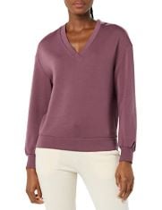 QTY OF ITEMS TO INLCUDE BOX OF APPROX 30 X ASSORTED WOMEN’S CLOTHES TO INCLUDE AWARE WOMEN'S RELAXED-FIT FLEECE V-NECK SWEATSHIRT (AVAILABLE IN PLUS SIZE), DARK GRAPE, 6XL PLUS, ESSENTIALS WOMEN'S PO