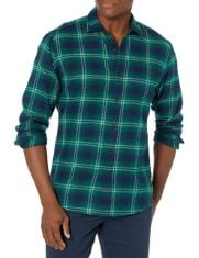 QTY OF ITEMS TO INLCUDE BOX OF APPROX 25 X ASSORTED CLOTHES TO INCLUDE ESSENTIALS MEN'S LONG-SLEEVE FLANNEL SHIRT (AVAILABLE IN BIG & TALL), GREEN NAVY PLAID PLAID, S, ESSENTIALS WOMEN'S FLEECE PULLO