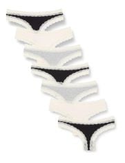 54 X IRIS & LILLY WOMEN'S COTTON AND LACE THONG KNICKERS, PACK OF 7, BLACK/GREY HEATHER/PALE PINK, 10.