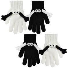 23 X SATINIOR 2 PAIRS MAGNETIC HOLDING HANDS GLOVES FUNNY COUPLE WARM 3D DOLL NOVELTY STRETCHY KNIT WINTER GLOVES FOR ADULT FRIEND UNISEX MITTENS VALENTINE'S DAY GIFTS(WHITE, BLACK) - TOTAL RRP £134: