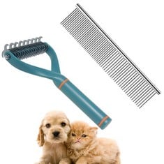 QUANTITY OF ASSORTED ITEMS TO INCLUDE 2 PCS DEMATTING COMBS BRUSH DOUBLE-SIDED SHEDDING AND DEMATTING UNDERCOAT RAKE PROFESSIONAL DESHEDDING COMB PET GROOMING TOOL KIT FOR REMOVE PETS LOOSE KNOTS MAT