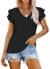 QUANTITY OF ASSORTED ITEMS TO INCLUDE WNEEDU WOMENS SUMMER TOPS SHORT SLEEVE V NECK T-SHIRTS LAYERED RUFFLE SLEEVES BLOUSE: LOCATION - B