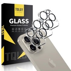 QUANTITY OF TQLGY 3 PACK CAMERA LENS PROTECTOR FOR IPHONE 15 PRO MAX 6.7-INCH AND IPHONE 15 PRO 6.1-INCH, 9H TEMPERED GLASS, HD CLEAR, ANTI-SCRATCH, STRONG ADHESION, CASE FRIENDLY, EASY TO INSTALL -