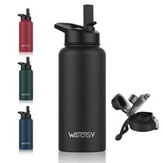 24 X WATERSY STAINLESS STEEL INSULATED WATER BOTTLES WITH STRAW LID AND FLEX CAP THERMAL WATER FLASK TRAVEL DRINK MUG DOUBLE WALLED KEEPS HOT AND COLD OUTDOOR, BLACK 500ML - TOTAL RRP £200: LOCATION